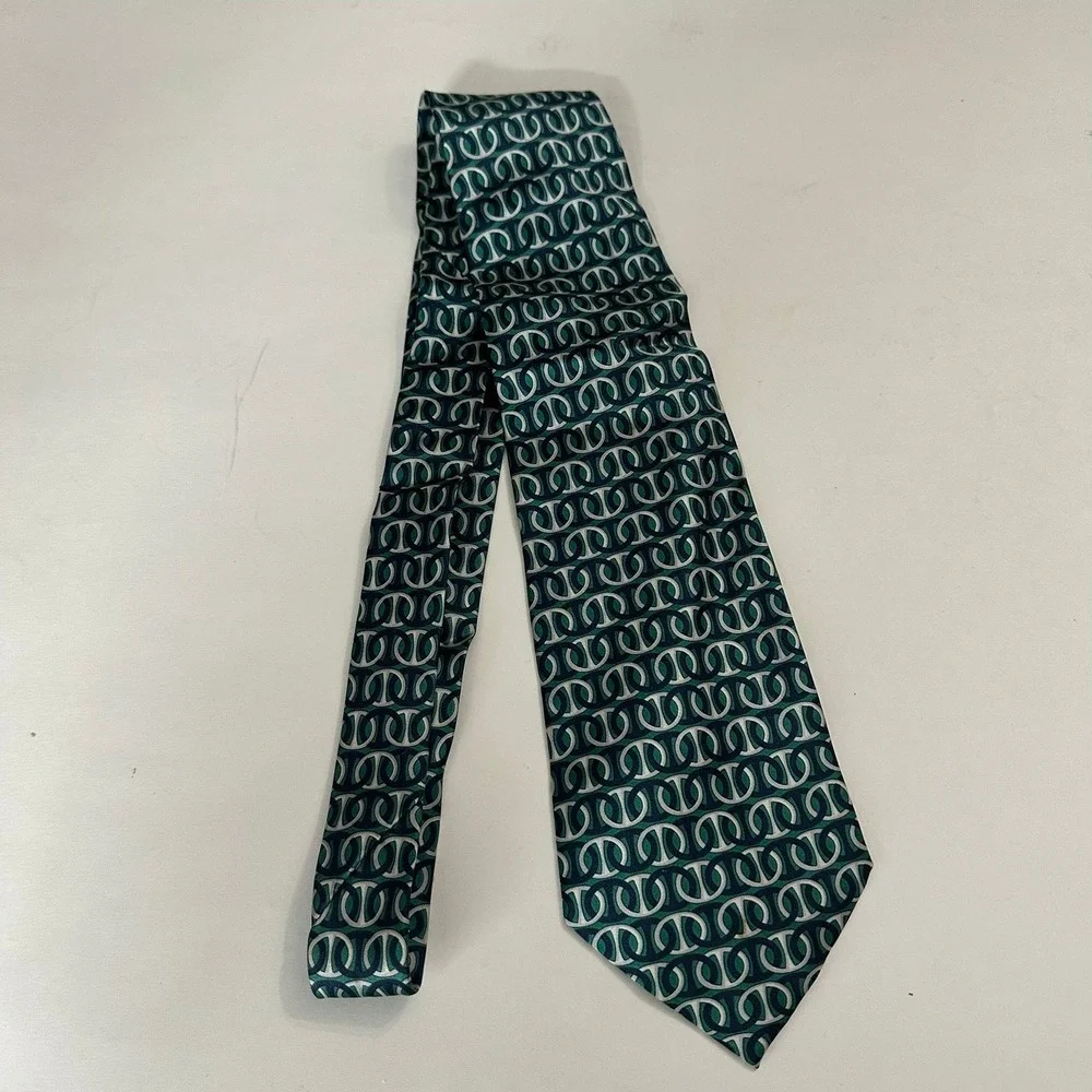 Etienne Aigner Mens Silk Tie Green Navy Blue Geometric Horseshoe Logo Italy